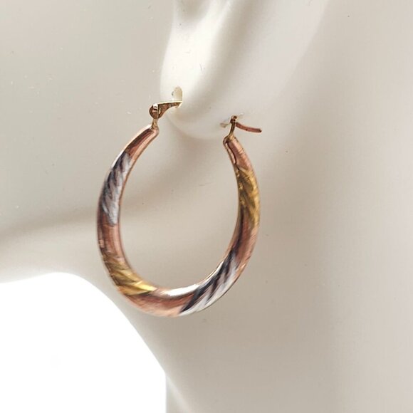 14K Gold-Bonded Sterling Silver Tri-Tone Twist Oval Hoop Earrings - Picture 3 of 5
